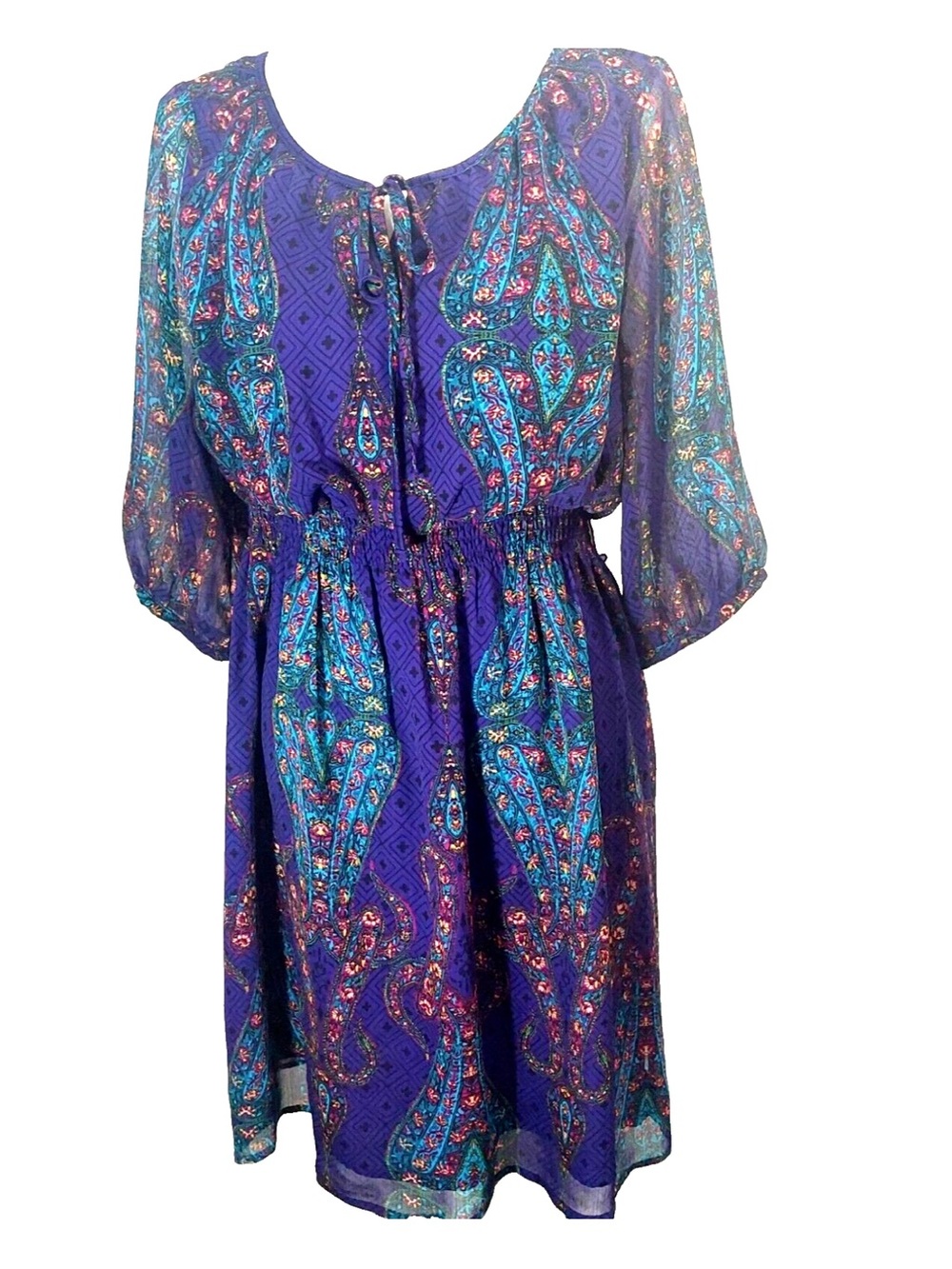 Nicole by Nicole Miller Purple Paisley Midi Dress Sheer Sleeves size 14
